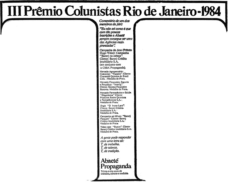 Abaeté - Prêmio Colunistas Rio 1984